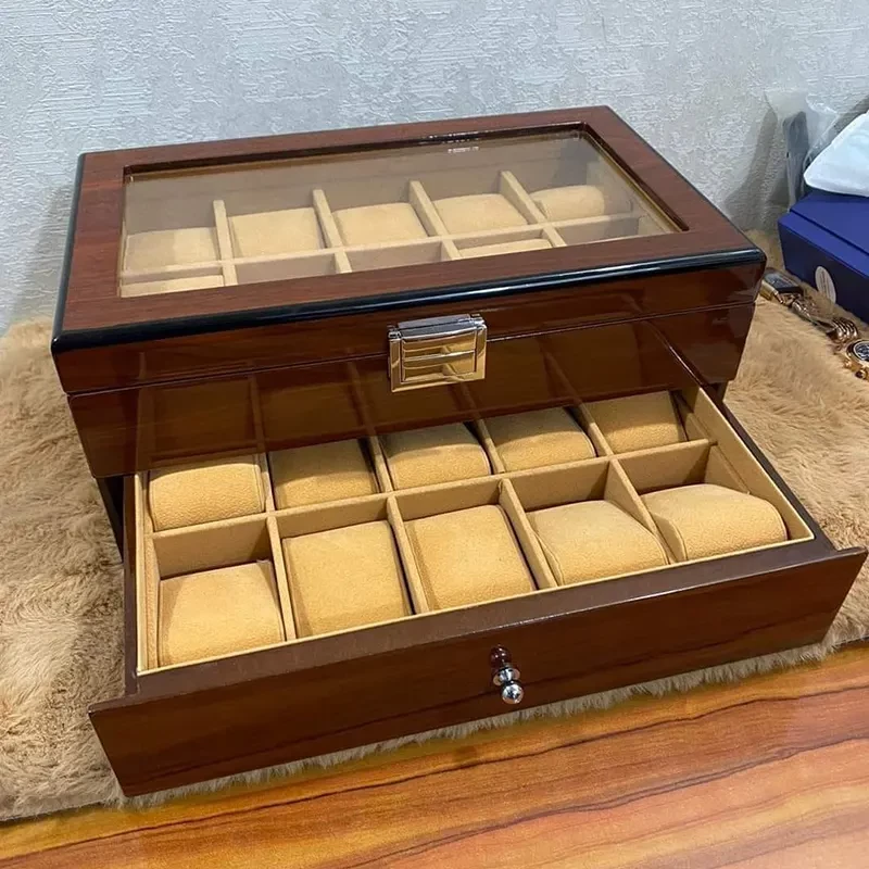 20 Slots Double Layer Wooden Watch Organizer Box And Gift Case